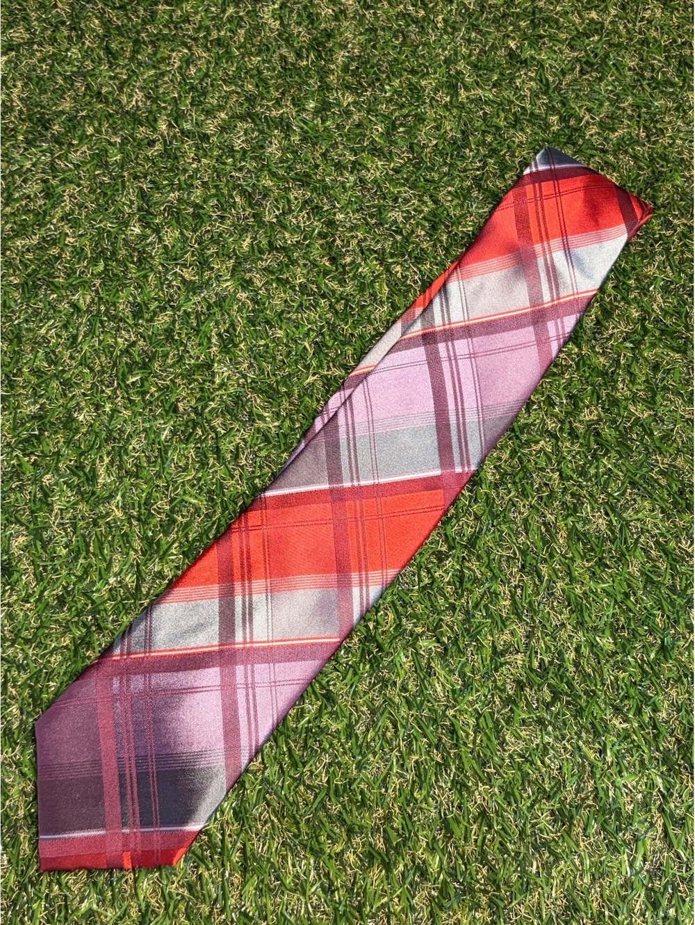 Sean John Men's Plaid Silk Tie in Red and Purple